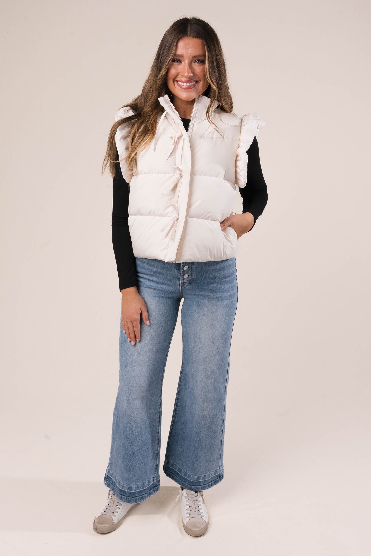 Ruffle Shoulder Bow Tie Puffer Vest *Final Sale*