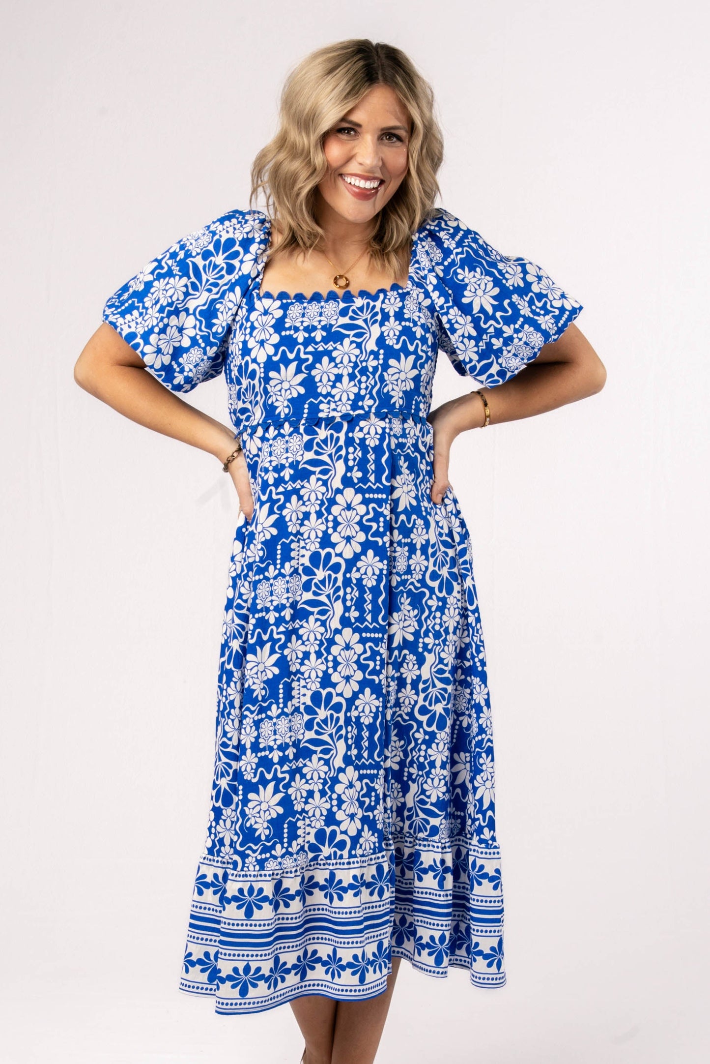Floral Border Print Square Neck Midi Dress