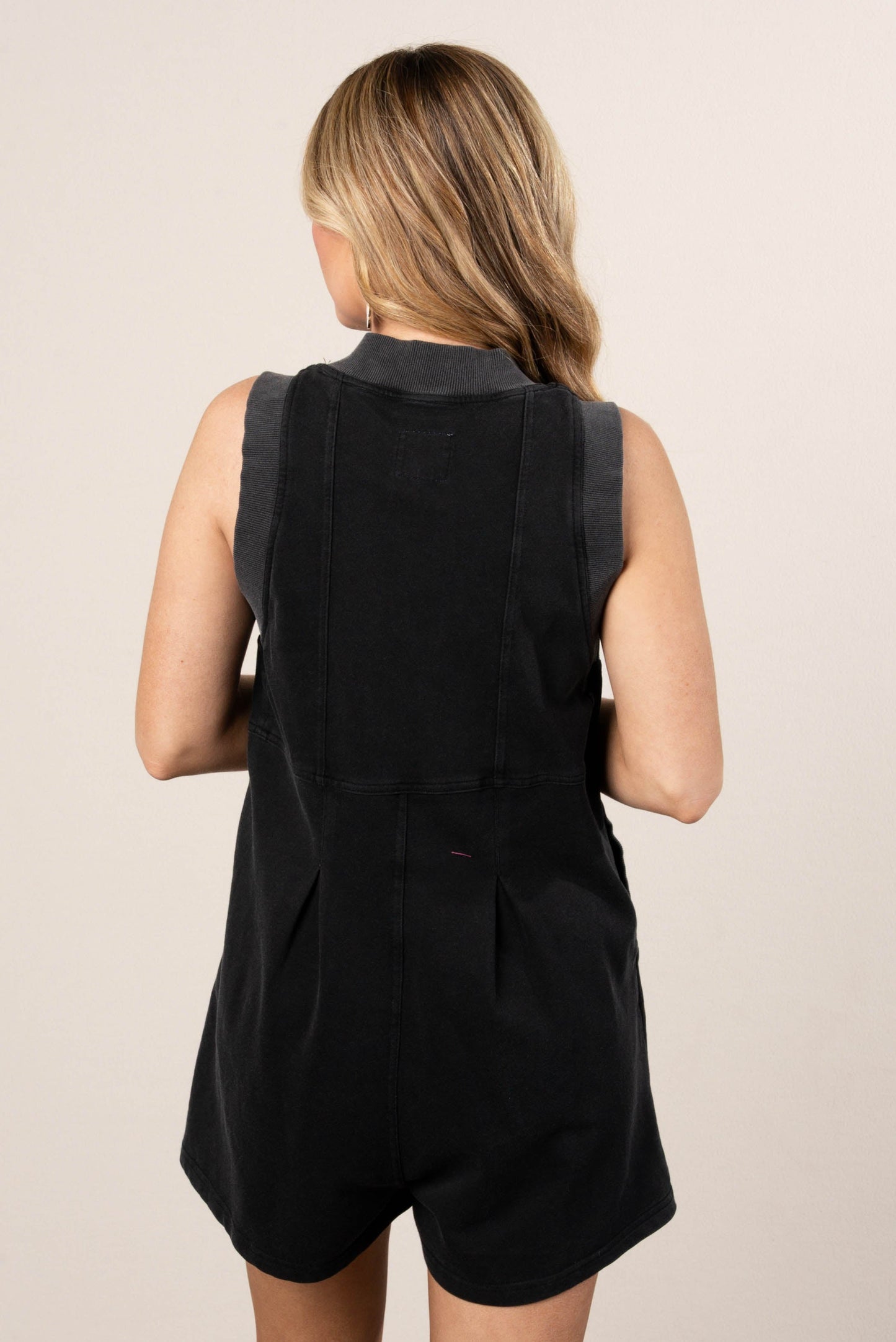 Pleat Detail Half Zip Romper in Charcoal