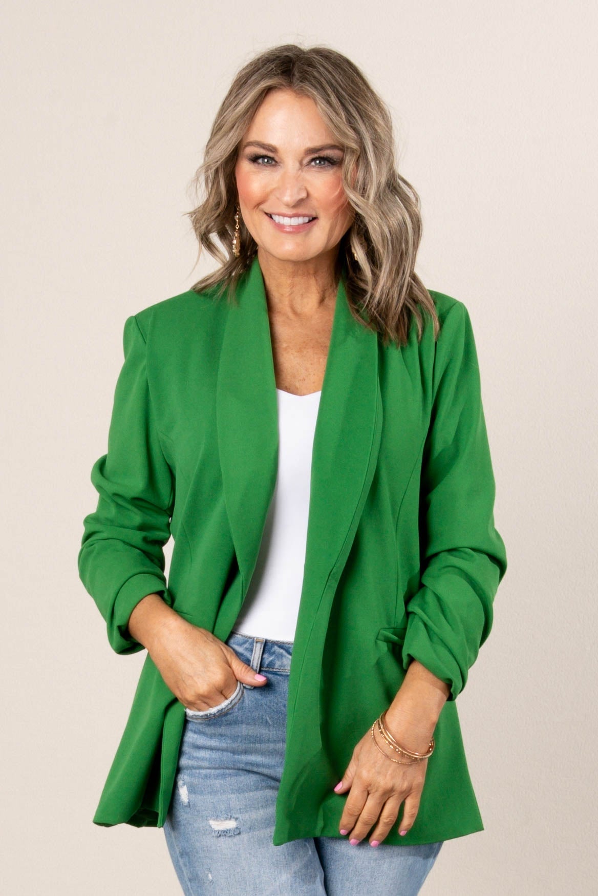 Open Front Ruched Sleeve Blazer