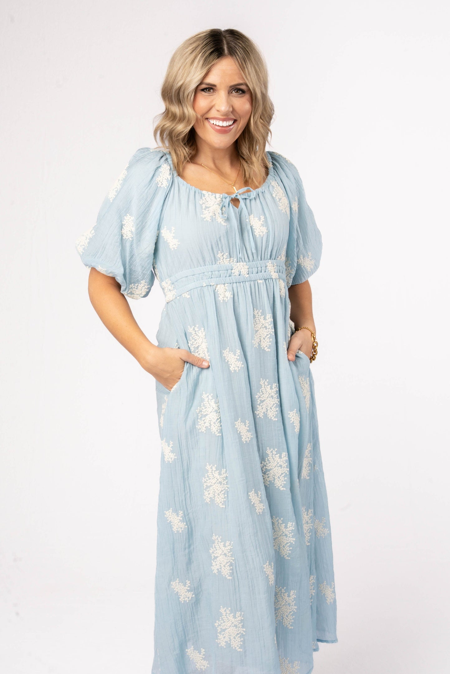 Embroidered Gauze Knit Midi Dress