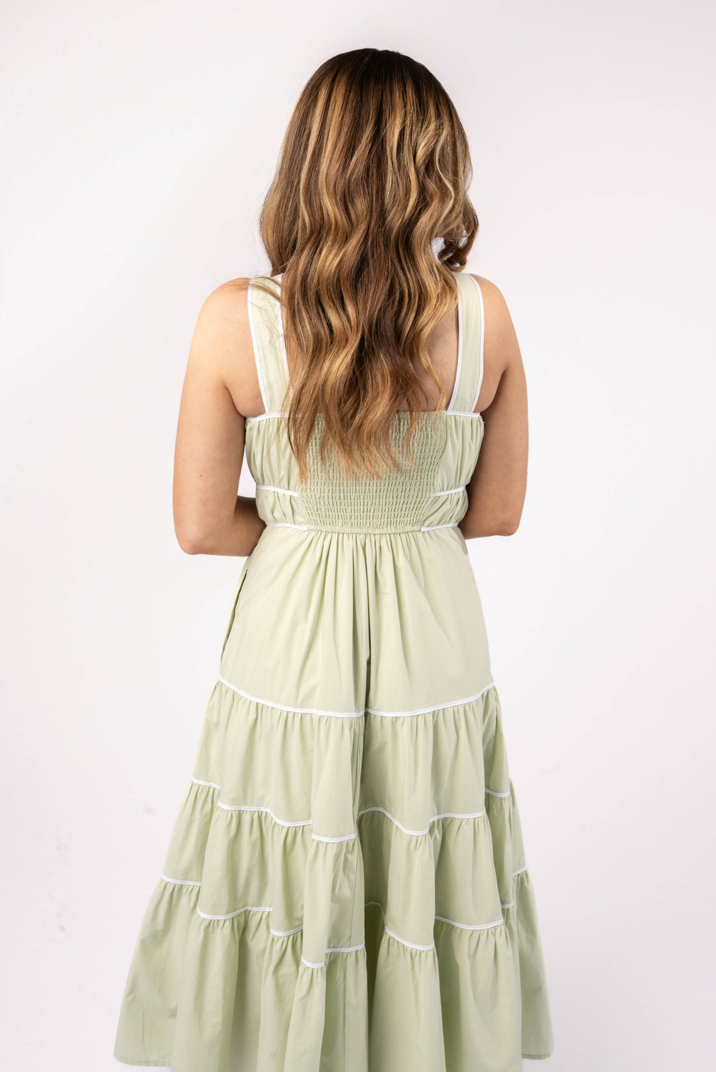 Gathered Bodice Tiered Midi Dress