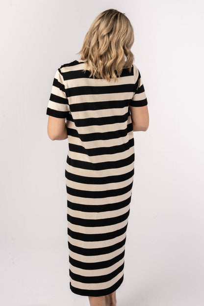 Striped Button Shoulder Midi Dress