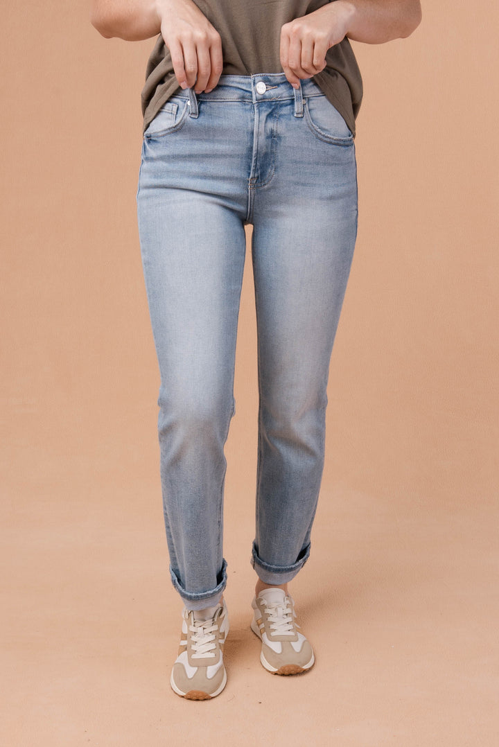 Risen Mid Rise Straight Leg Jeans