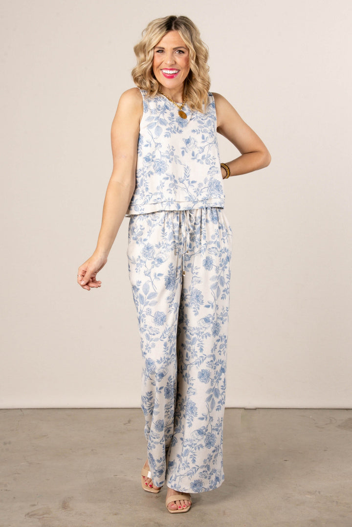 Linen Blend Floral Top + Pants Set