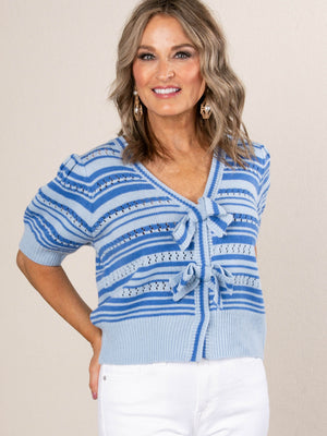 Striped Pointelle Knit Bow Front Sweater in Blue