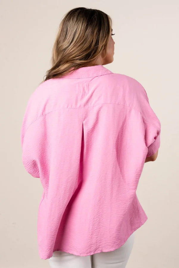 Crinkle Knit Lace Inset Blouse in Pink