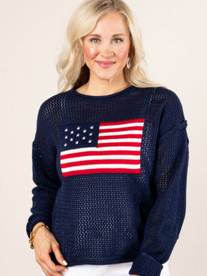 Open Knit American Flag Sweater in Navy