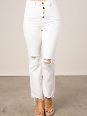 Risen High Rise Crop Straight Leg White Jeans
